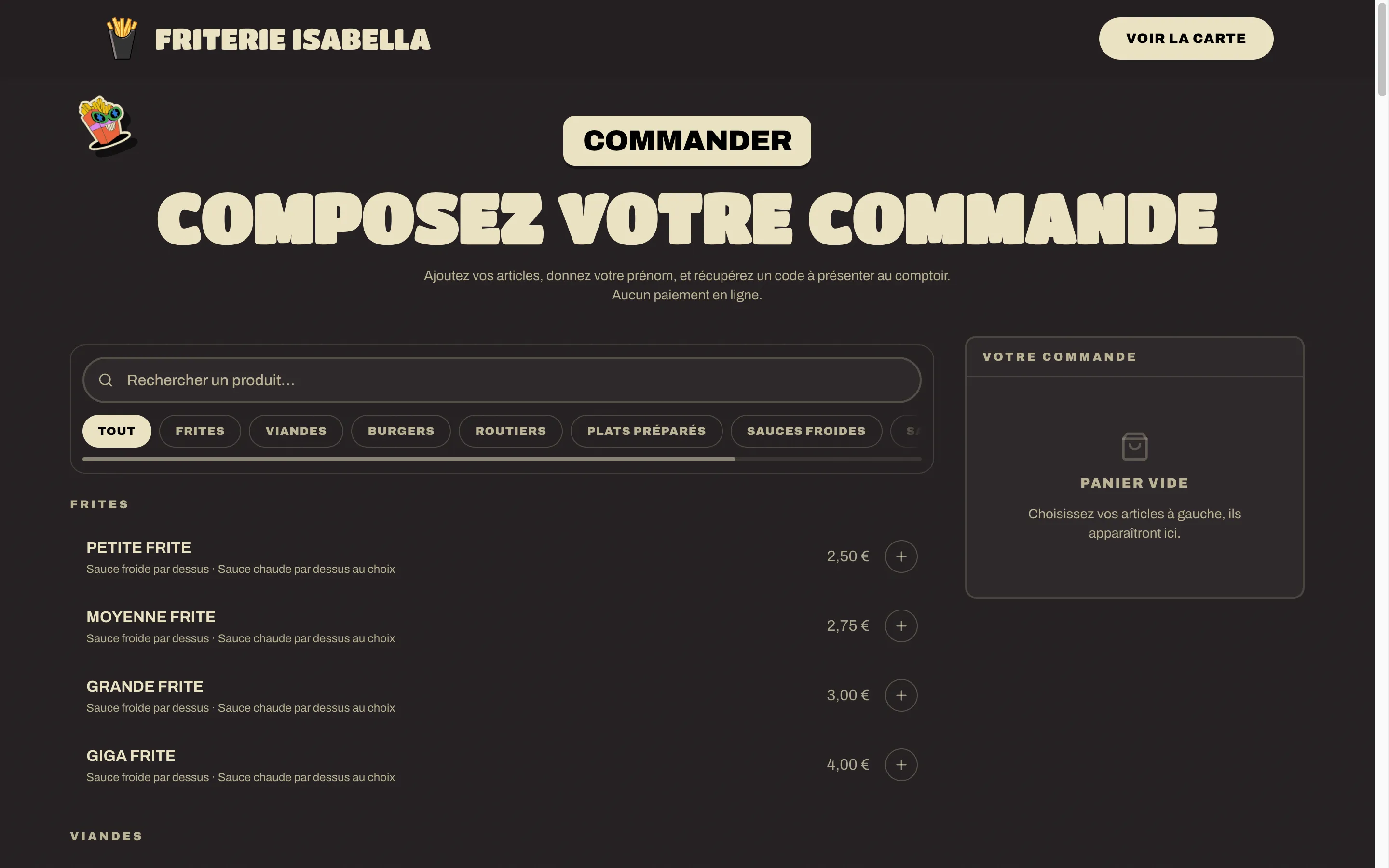La commande : un panier, un prénom, et un code de retrait de quatre caractères à annoncer au comptoir. Version ordinateur.