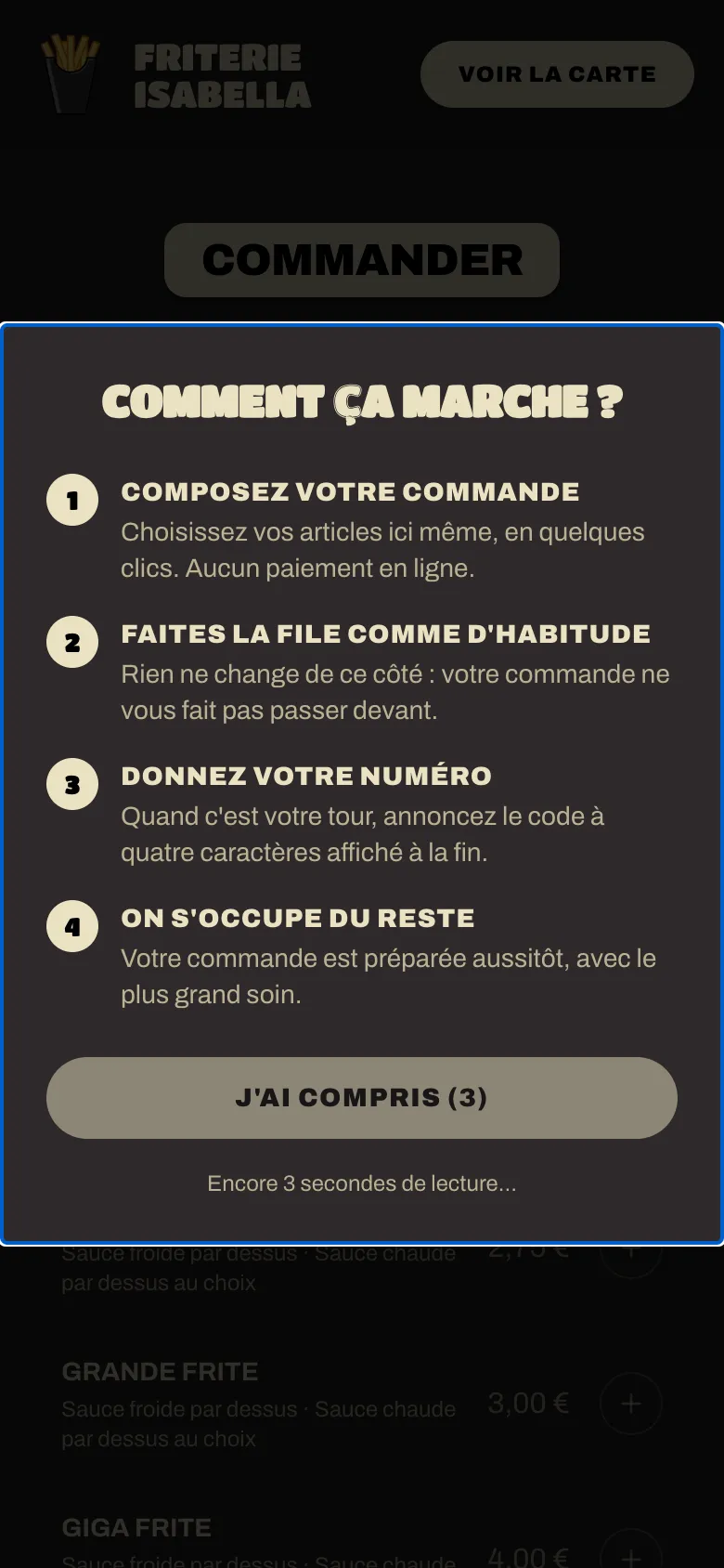 Avant de commander, quatre étapes expliquent comment ça marche : composer, faire la file, donner son code. Version mobile.