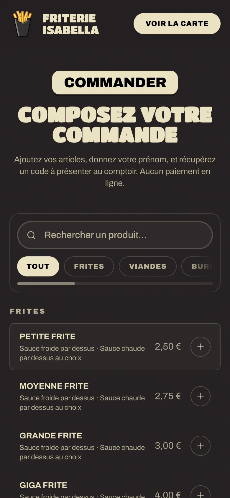La commande : un panier, un prénom, et un code de retrait de quatre caractères à annoncer au comptoir. Version mobile.