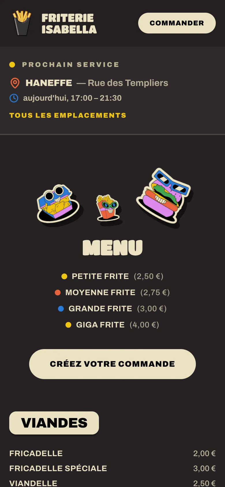 La carte en ligne, reprise ligne par ligne du panneau, avec les prix 2026. Version mobile.