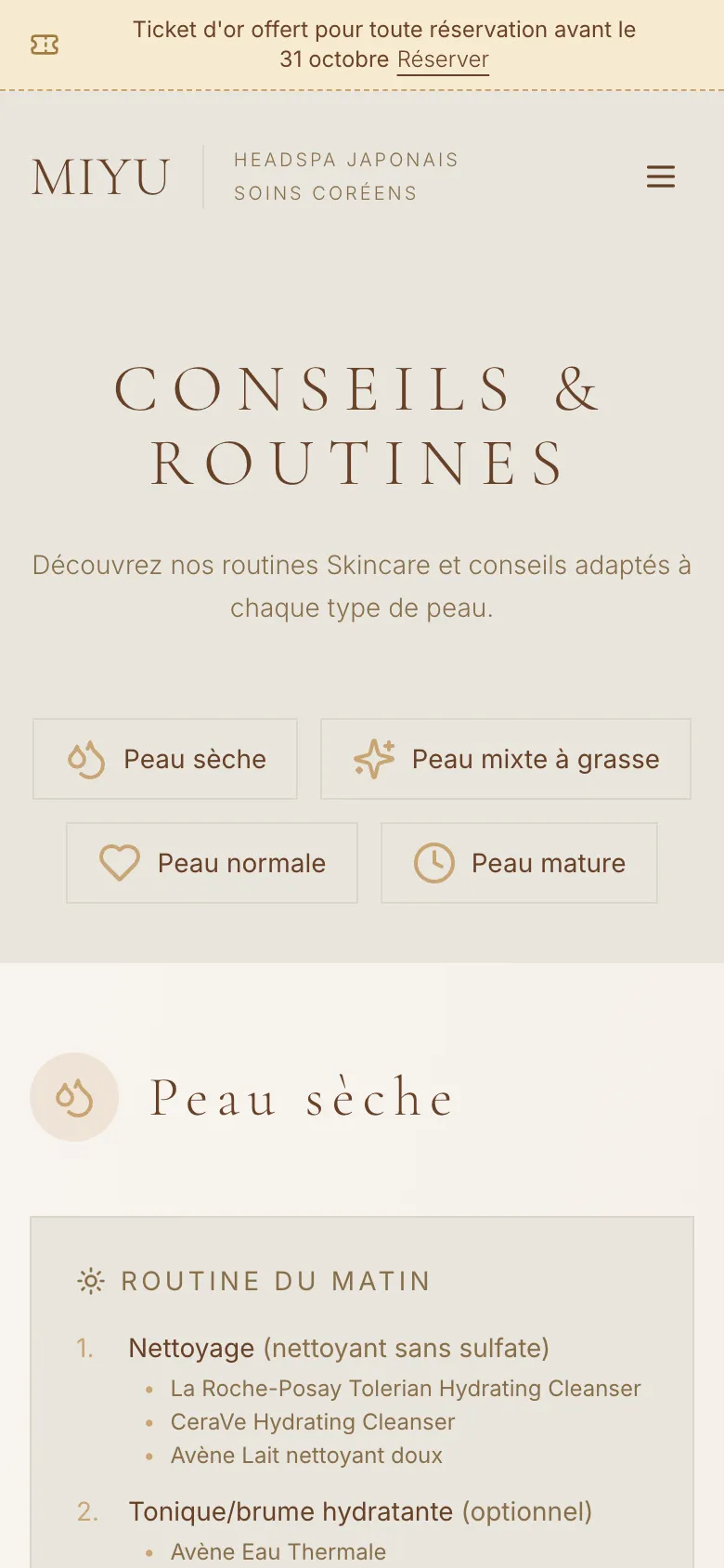Conseils et routines par type de peau, tirés des fiches PDF de l’institut. Version mobile.