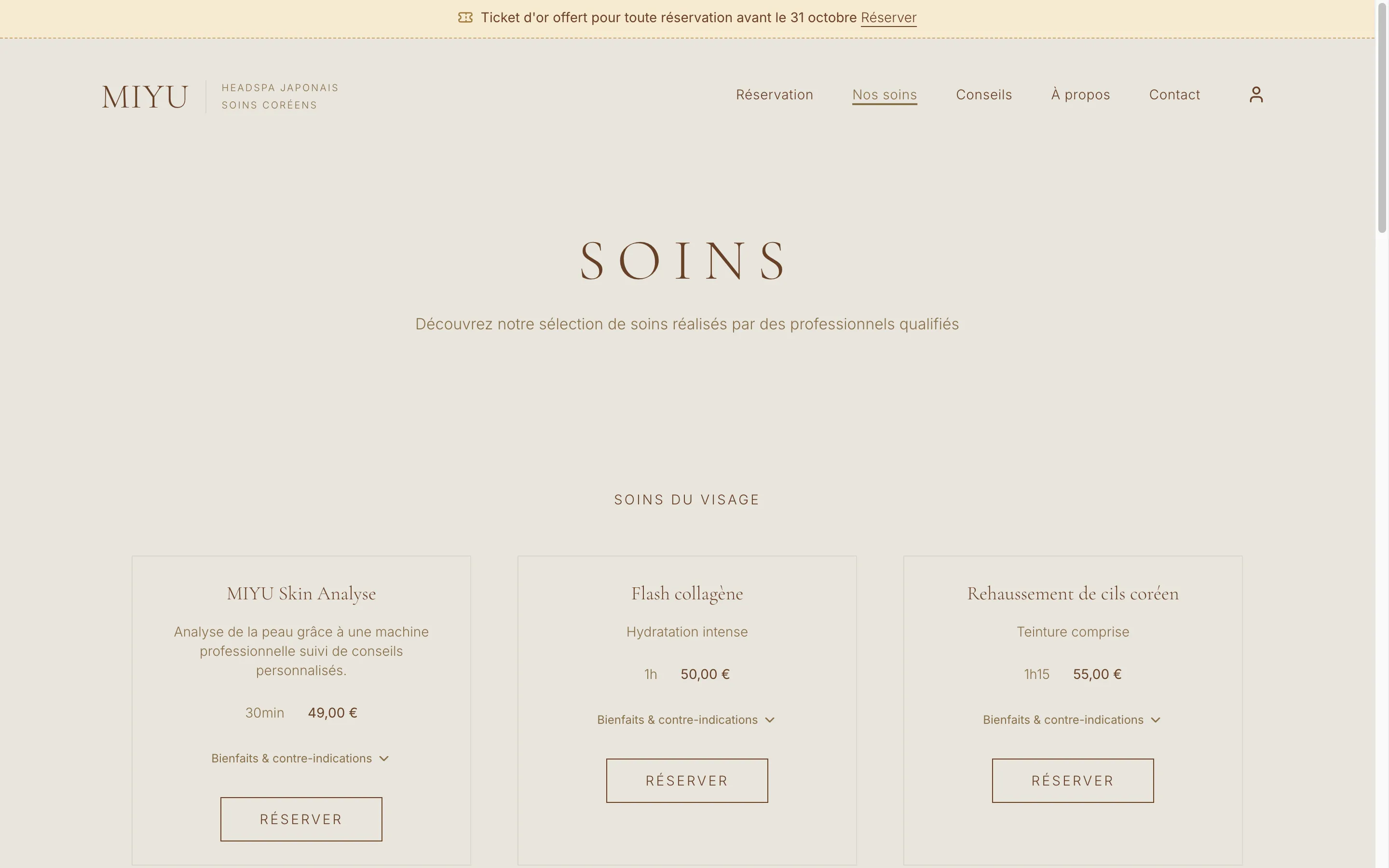 Les soins, avec durée, prix, bienfaits et contre-indications. Version ordinateur.
