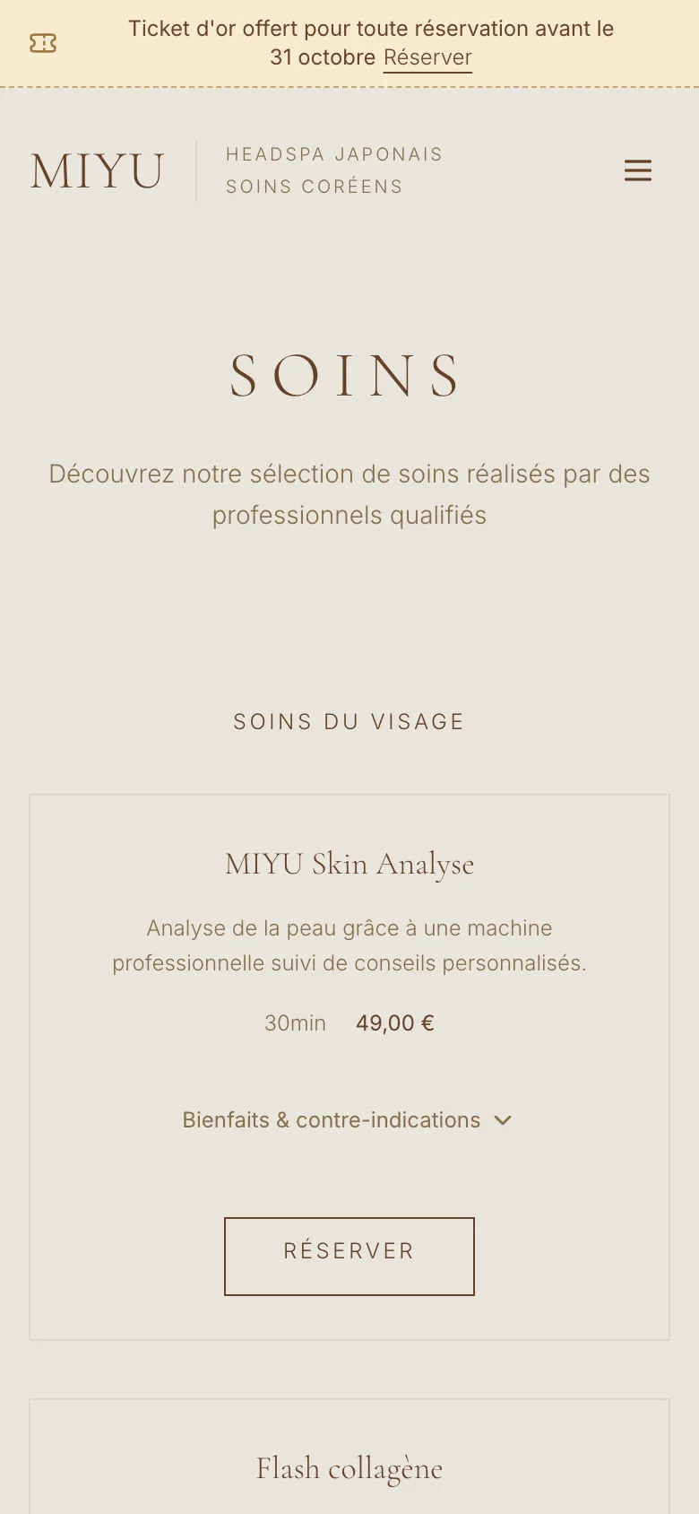 Les soins, avec durée, prix, bienfaits et contre-indications. Version mobile.
