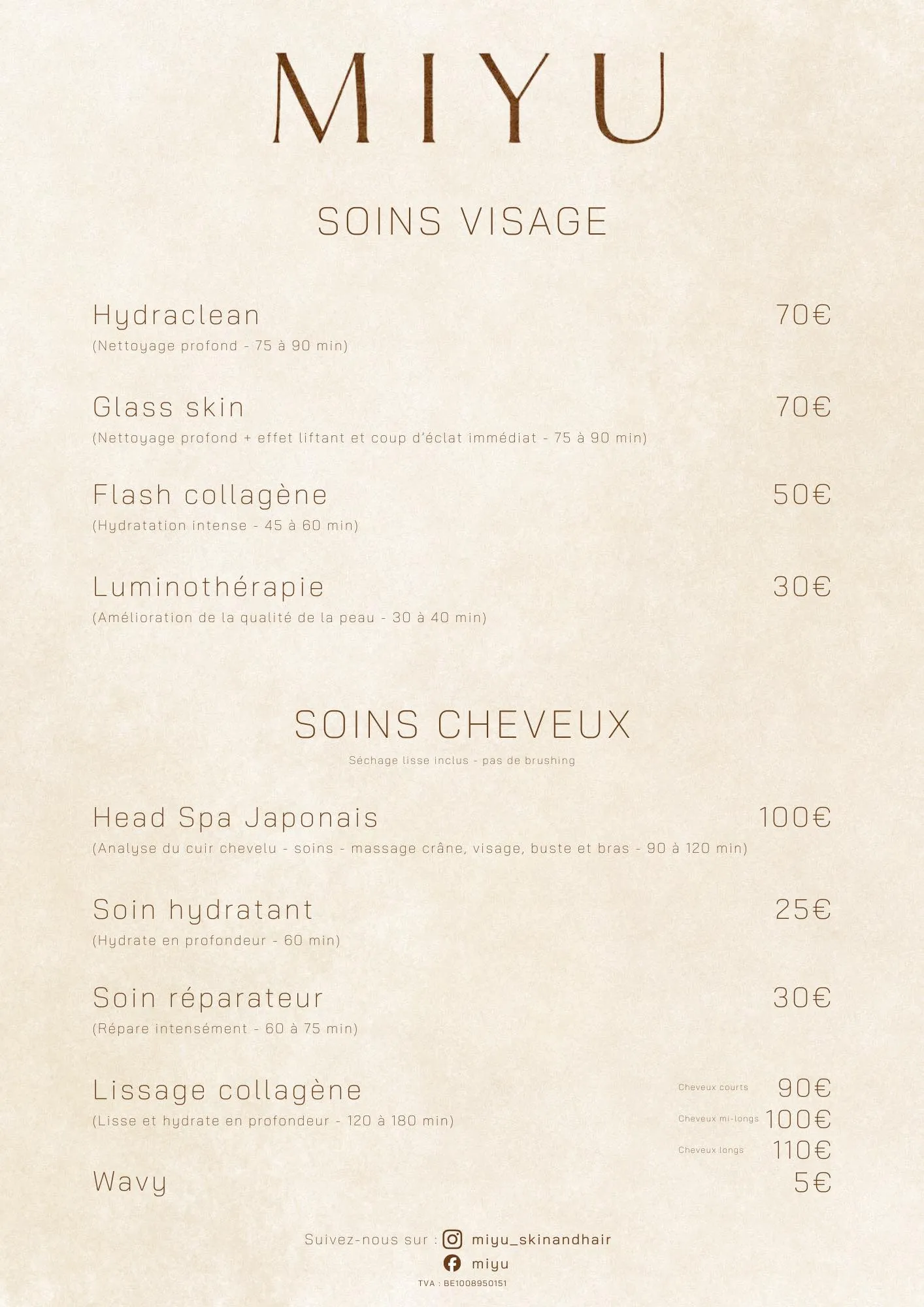 La carte des soins imprimée : papier beige texturé, logo MIYU en capitales serif, soins visage et cheveux avec leurs prix.