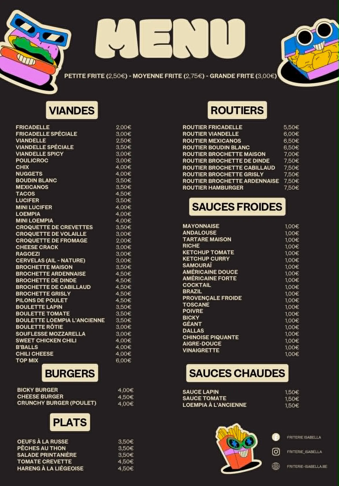 Le panneau-menu imprimé du camion : fond charbon, lettres crème, autocollants frites, nuggets et burger.